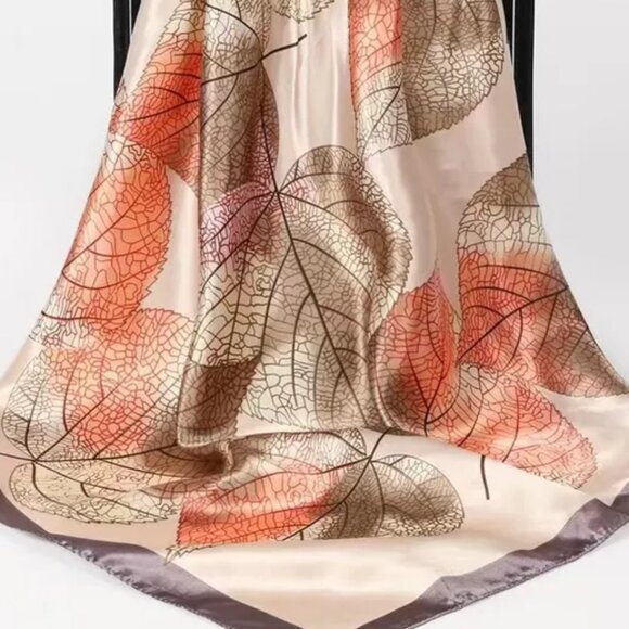 2/$30 Elegant Leaf Pattern Square Silky Satin Scarf Light Brown Orange Gift - Picture 4 of 5